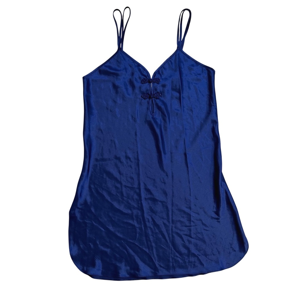 California Dynasty Vintage Royal Blue Satin Chemise Nightgown Frog Knots Medium